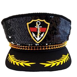 Sequin Captain Hat with Adjustable strap / Black and White Mermaid Fabric